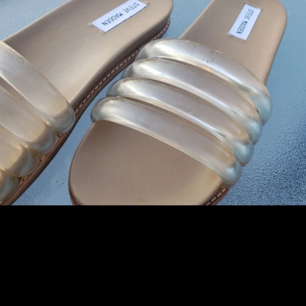 Steve Madden Clear Strap Tan Slide Sandals - Picture 4 of 9